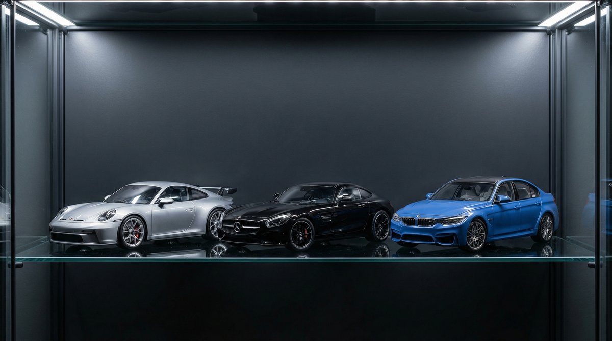 Premium 1:18 scale diecast models of Porsche, Mercedes-Benz, and BMW in glass cabinet
