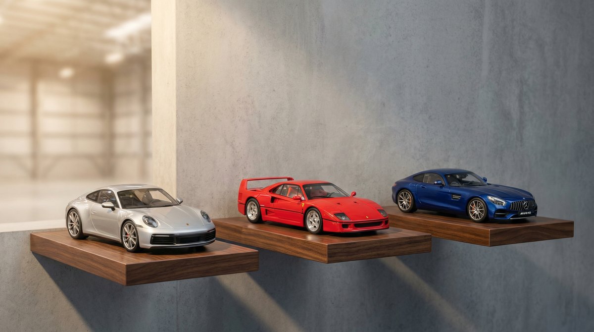 Models118 warehouse with collector diecast model cars on display shelves