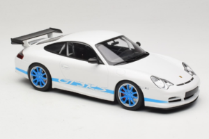Porsche 911 996 GT3 RS Valge Sinised Triibud Minichamps 1:18 155062021 Metall - pilt 4/6