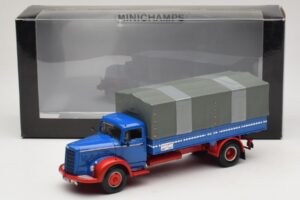 Mercedes L 315 Platvormiga Veoauto Sinine Punane Minichamps 1:43 439034420 Metall - pilt 6/6
